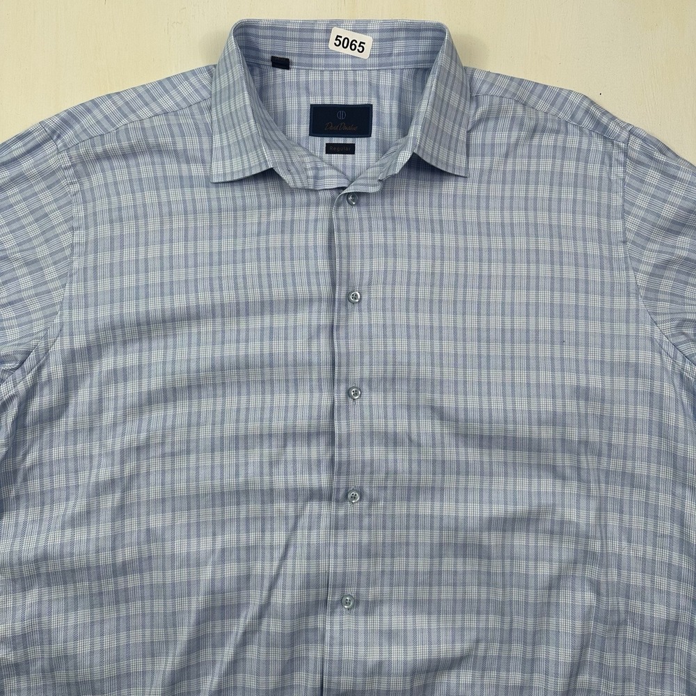 David Donahue Regular Dress Shirt Men 17.5 34 35 Blue Check Cotton Spread Collar